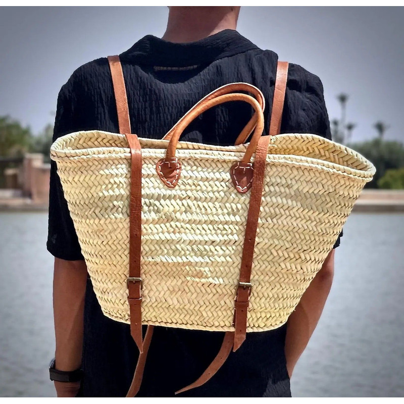 French Market Garden Straw Bag Moroccan Straw Handbag With Leather Handle 0