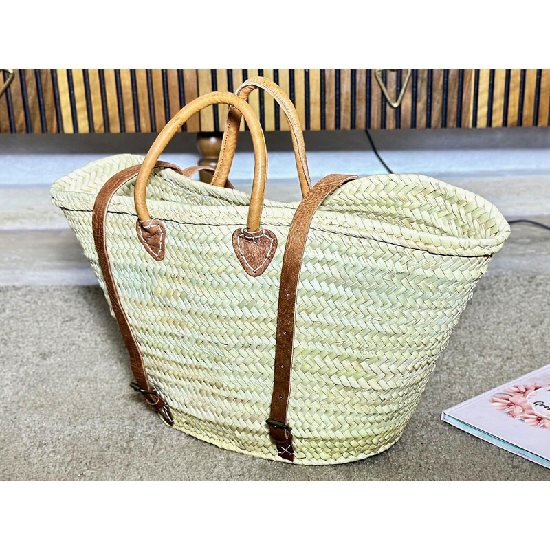 French Market Garden Straw Bag Moroccan Straw Handbag With Leather Handle 2