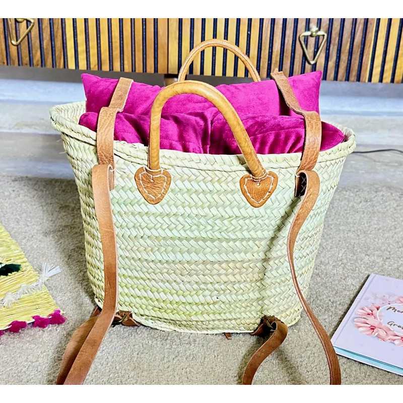 French Market Garden Straw Bag Moroccan Straw Handbag With Leather Handle 3
