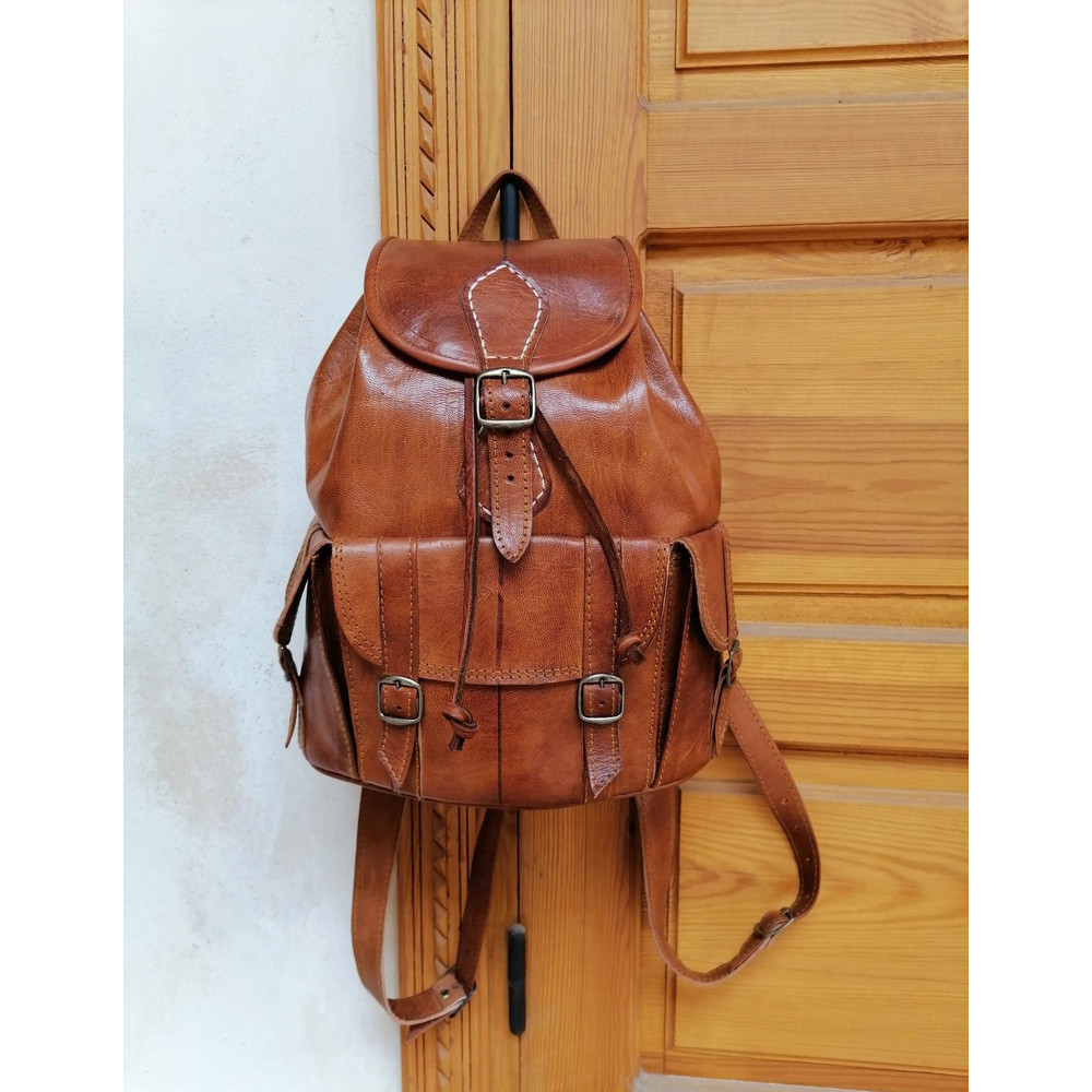 Moroccan Leather Backpack Handmade Unisex Backpack Boho Leather Backpack Brown Leather Backpack Vin 0