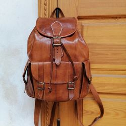 moroccan leather backpack, handmade unisex backpack, boho leather backpack, brown leather backpack, vintage backpack