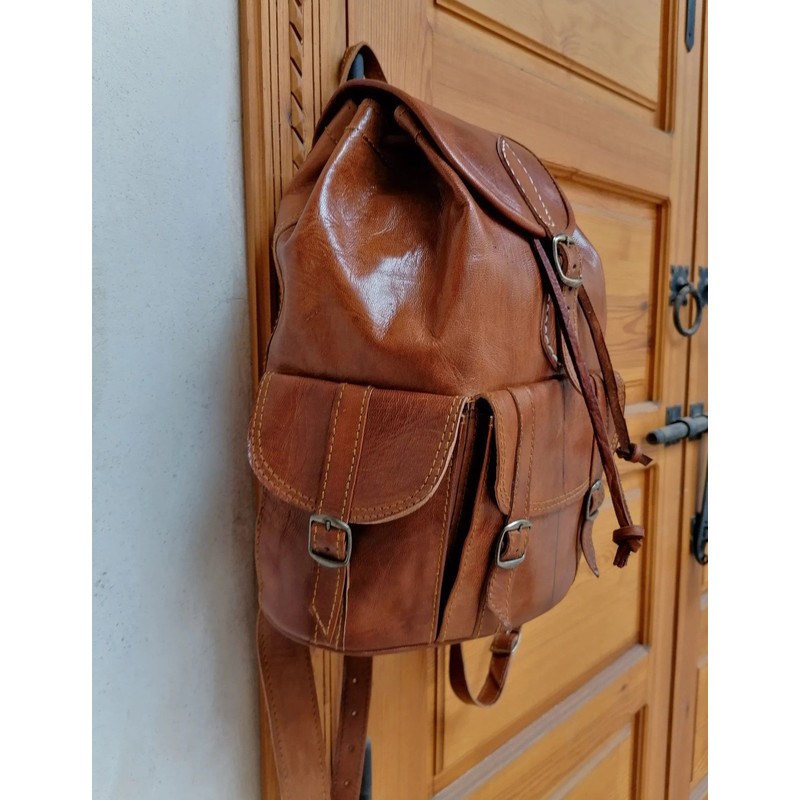 Moroccan Leather Backpack Handmade Unisex Backpack Boho Leather Backpack Brown Leather Backpack Vin 2