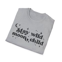 "Stay Wild Moon Child" Print Crew Neck T-shirt Casual Short Sleeve Top, Grey
