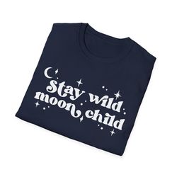 "Stay Wild Moon Child" Print Crew Neck T-shirt Casual Short Sleeve Top, Navy Blue