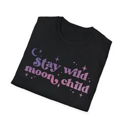 "Stay Wild Moon Child" Print Crew Neck T-shirt Casual Short Sleeve Top, Black
