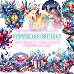 Watercolor Fairy Crystals Clipart, 180 Crystals Watercolor Clipat, 180 PNG Crystal Images, Mystical Gem, Commercial use