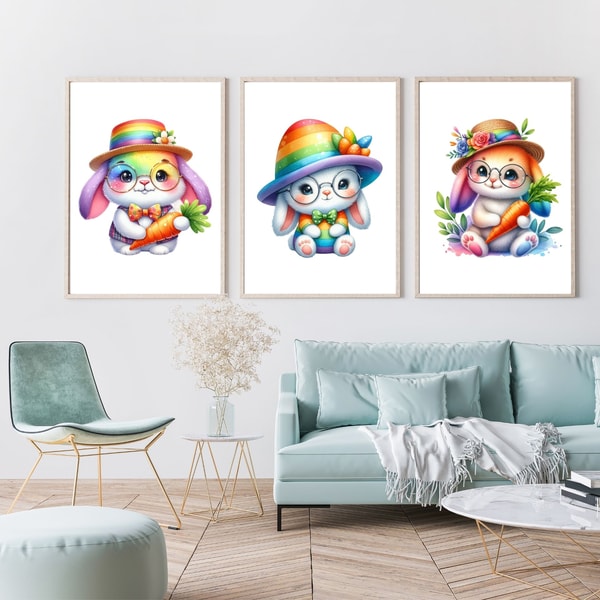 Printable Watercolor 3 Set of Rabbit Art, Abstract Print - Inspire Uplift
