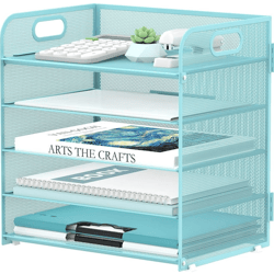 5 Trays Paper Organizer with Handle - Mesh Desk File/Letter Organizer , Color:Blue