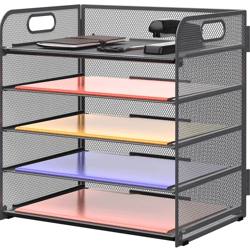 5 Trays Paper Organizer with Handle - Mesh Desk File/Letter Organizer , Color:Gray
