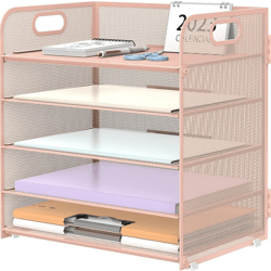 5 Trays Paper Organizer with Handle - Mesh Desk File/Letter Organizer , Color:Pink