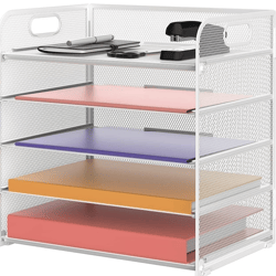 5 Trays Paper Organizer with Handle - Mesh Desk File/Letter Organizer , Color:White