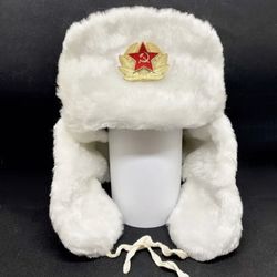 White Ushanka Winter  Fur Hat Made in Russia USSR Military Soviet Army Soldier