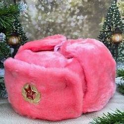 Pink Ushanka Winter  Fur Hat Made in Russia USSR Military Soviet Army Soldier