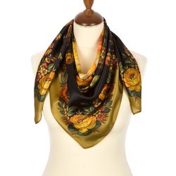 Gold Original PAVLOVO POSAD SHAWL, Silk scarf, size 89x89 cm, 10063-2