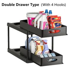 2 Tier Under Sink Organizer - Sliding Cabinet Basket Organizer - Storage Rack With Hooks - Hanging Cup Bathroom Kitchen