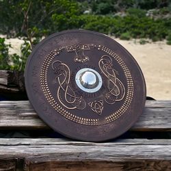 Viking Hand-Carved Wooden Norse Mythology Dragon Runic Shield Thor's Hammer | Christmas Gift for him