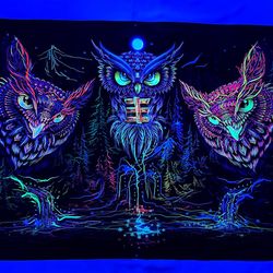 owl horizont blacklight tapestry uv active psychedelic decoration on wall