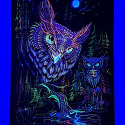 Mystic Owls Psychedelic Tapestry Trippy Background UV Fluorescent Psytrip Psyart Poster Banner Visionary Wall