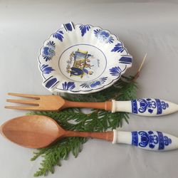 Two salad forks with Delft style porcelain handles.