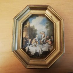 Miniature picture with wooden frame, miniature with baroque drinking scene,printed on silk