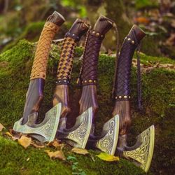 Pack of 4 The Vikings Gift Forged Carbon steel Axe with engraved handle, Viking axe with sheath Best Birthday Anniversar