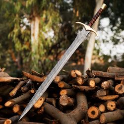 Custom Handmade Damascus Steel Blade 32" Long Viking Sword, Knight Templar Sword, Hunting/Combat Sword With Leather Shea