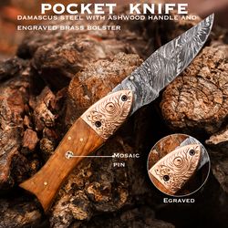 Personalized Custom Damascus Steel Folding knife Fish knife Pocket Knife Handle Makarta Sheet Best Gift with Leather She