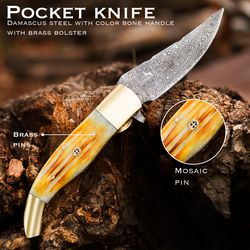 Craftsman made folding Knife - fancy hand worked filework on the spine - Giraffe bone handle with Damascus blade - UK le
