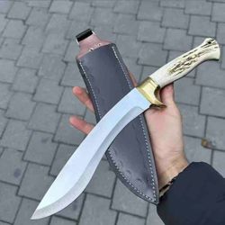 custom knives, hunting machete, handmade machete, stainless steel, deer antler handle, fixed blade, leather knife sheath