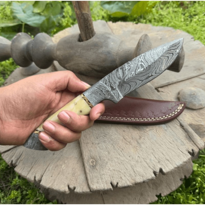 Custom Handmade Damascus Knife Skinner Knife Hunting Knife Tactical Knife Viking Knife Sheath Bone 0