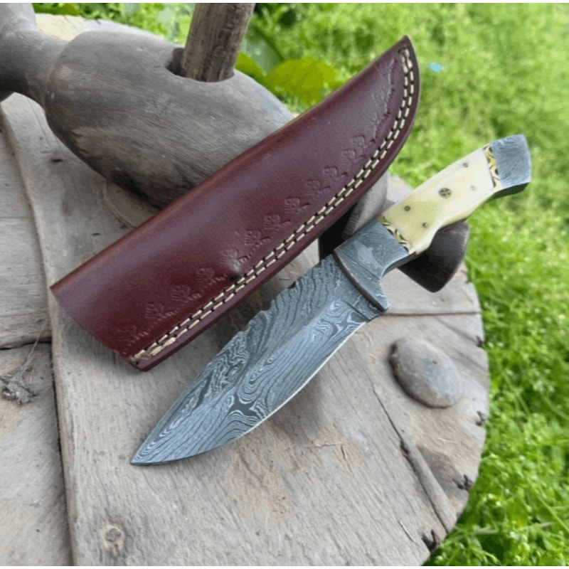 Custom Handmade Damascus Knife Skinner Knife Hunting Knife Tactical Knife Viking Knife Sheath Bone 4
