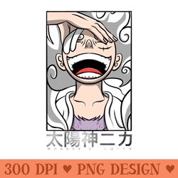 luffy laughing on gear 5 sun god nika mode - png downloadable art - flexibility