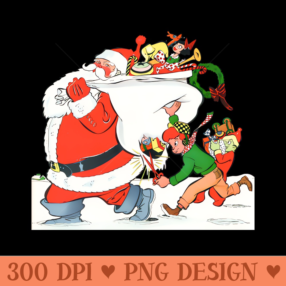 A boy cuts Santa's gift bag with scissors to steal toys on Merry Christmas night in the snow Retro Vintage Comic Cartoon 0014.jpg