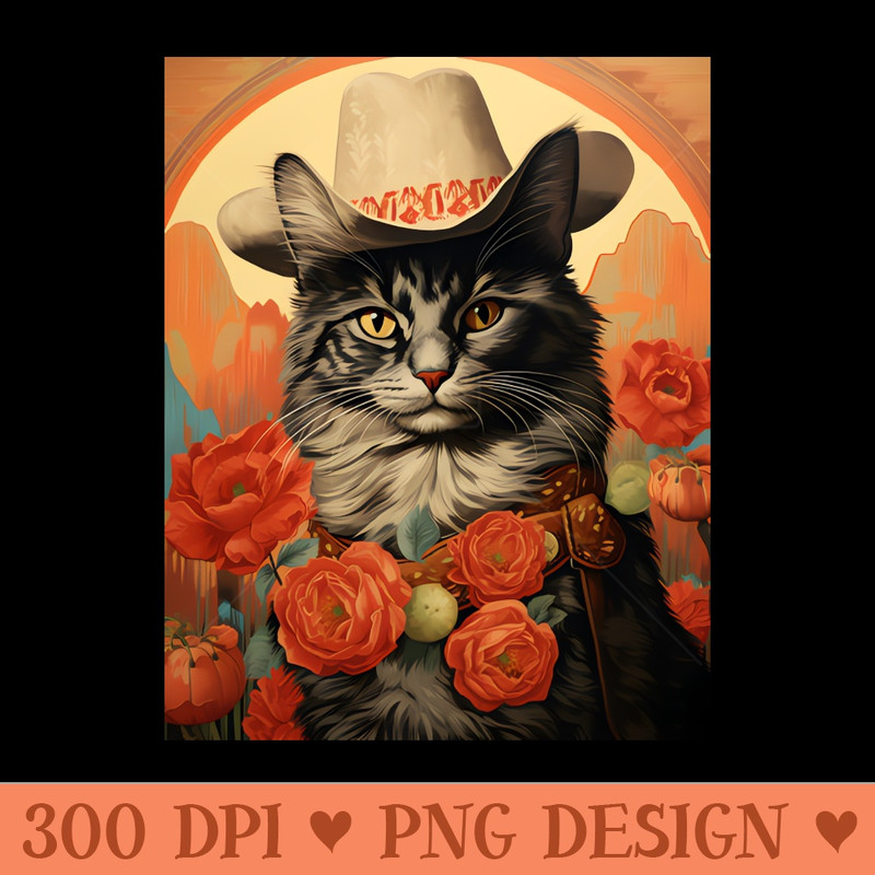 Retro Vintage Cowboy Maine Coon Cat Whiskered Wild West Adventure Portrait - Sublimation PNG - Latest Updates