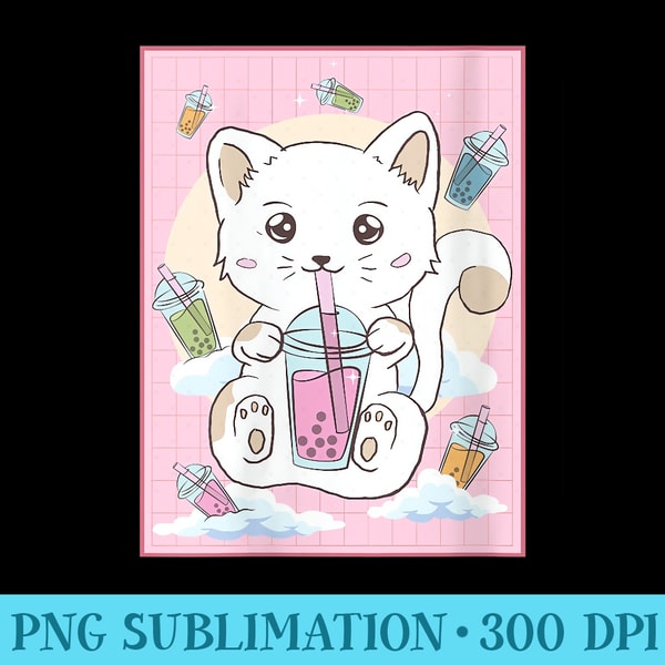 s Cute Kawaii Cat Bubble Boba Milk Tea Japanese Aesthetic - Sublimation backgrounds PNG - Unique And Exclusive Designs