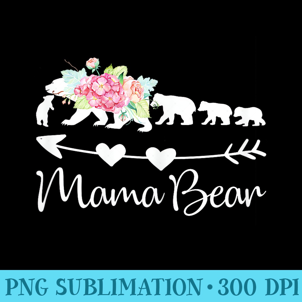 Pink Watercolor Roses Floral Mama Bear and Four Cubs - Sublimation clipart PNG - Lifetime Access To Purchased Files