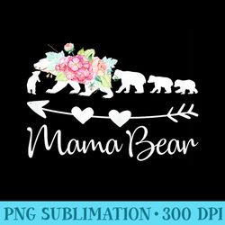 pink watercolor roses floral mama bear and four cubs - sublimation clipart png