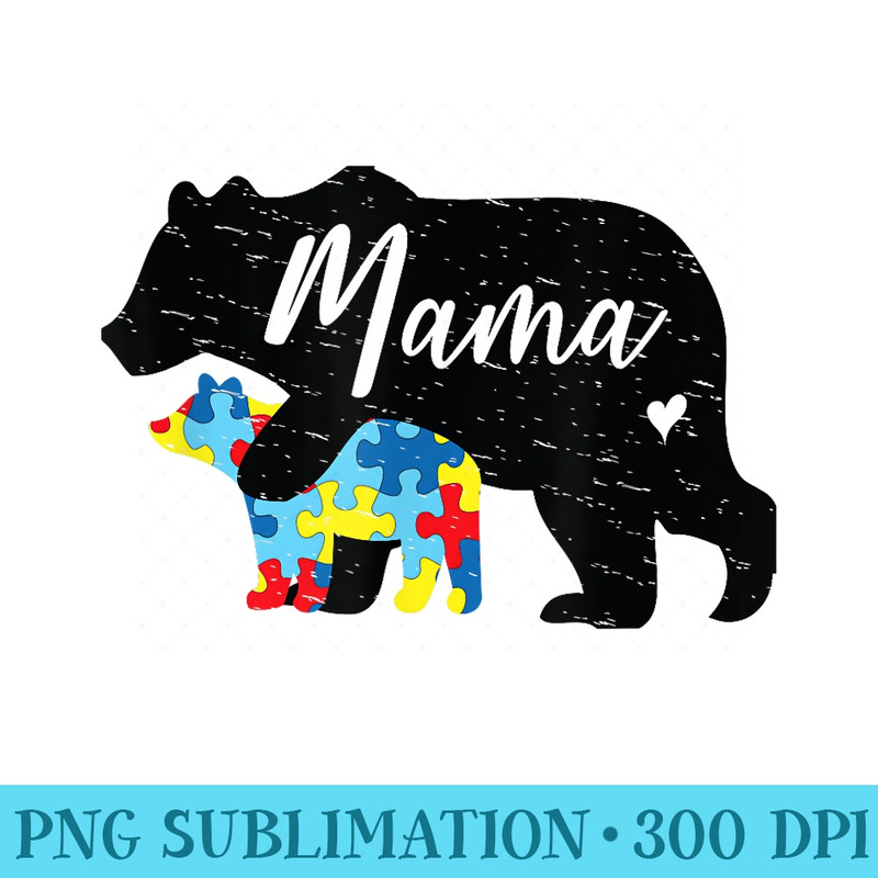 Mama Bear Cute Autism Awareness Mom With Puzzle Piece Cub - PNG Download Artwork - Unique And Exclusive Designs