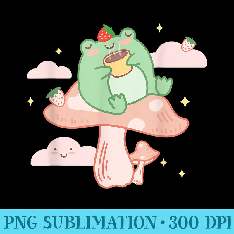 Kawaii Strawberry Frog On Mushroom Pink Anime Cottagecore - Download PNG Files - Defying the Norms