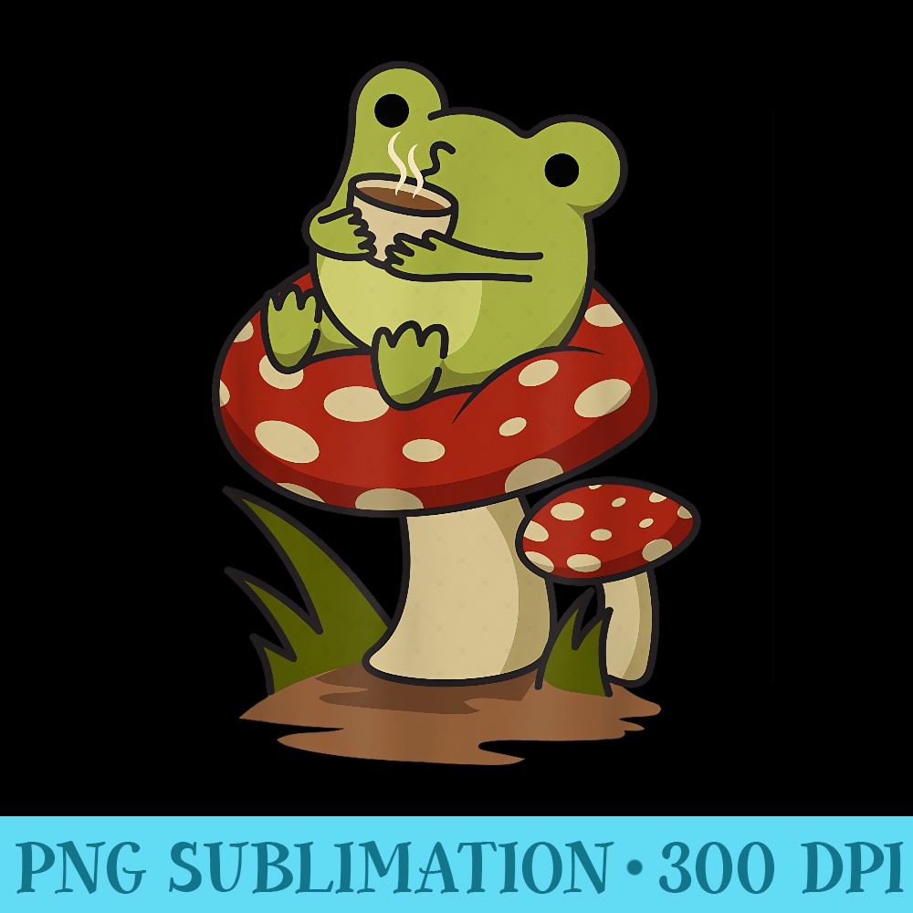 Cottagecore Aesthetic Frog Drinking Coffee Tea in Mushroom - PNG Design Files - Limited Edition And Exclusive Designs
