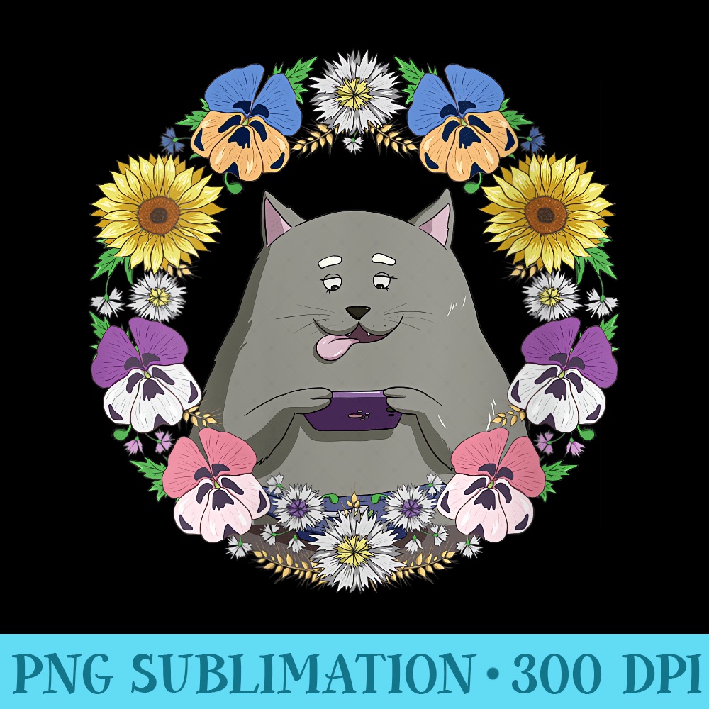 Womens Funny Cat Kawaii Anime Pansies Floral Cat Lover Blogger - PNG Download Button - Unique And Exclusive Designs