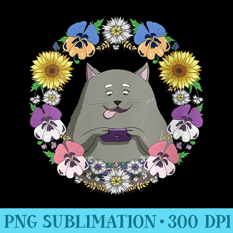 Womens Funny Cat Kawaii Anime Pansies Floral Cat Lover Blogger - PNG Download Button - Unique And Exclusive Designs