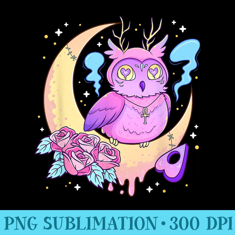 Kawaii Pastel Goth Cute Creepy Owl Crescent Moon - Shirt Graphic Resources - High Resolution And Print-Ready Designs