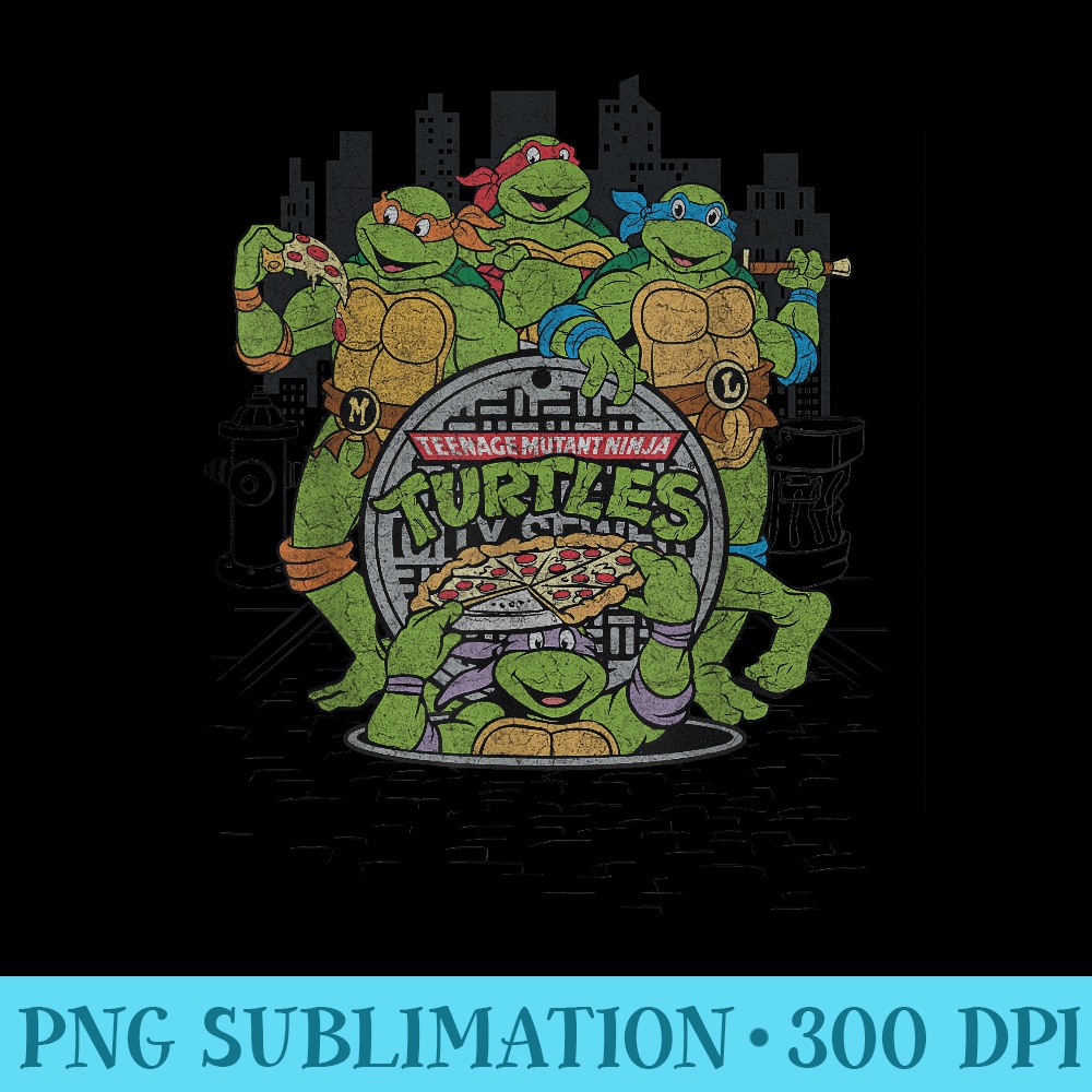Retro TMNT Group with Pizza In City T - Unique PNG Artwork - Boost Your Success with this Inspirational PNG Download