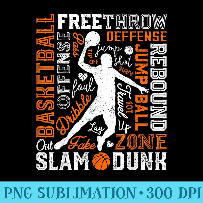 Basketball Player Slam Dunk Typography Word Art Vintage Men - PNG Download Illustration - Unleash Your Inner Rebellion