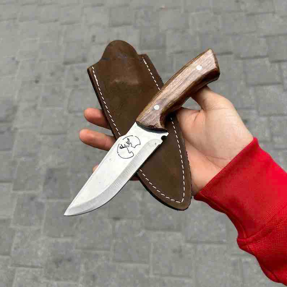 Custom Handmade Hunting Knife Walnut Wood Handle German Stainless Steel 4116 Fixed Knife Leather Sheath 0