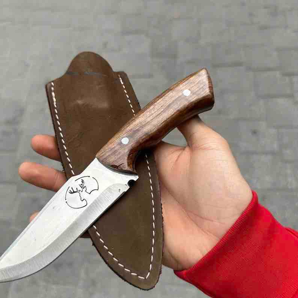 Custom Handmade Hunting Knife Walnut Wood Handle German Stainless Steel 4116 Fixed Knife Leather Sheath 1