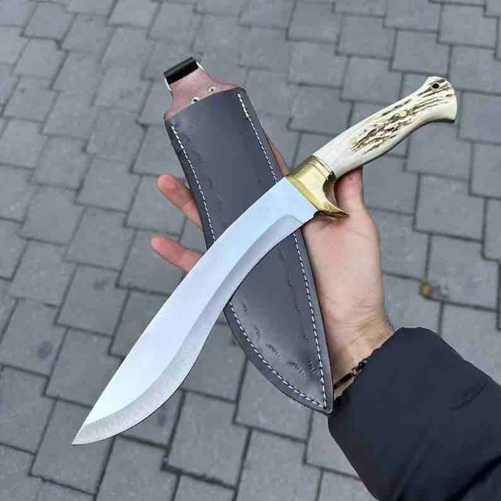Custom Knives Hunting Machete Handmade Machete Stainless Steel Deer Antler Handle Fixed Blade Leather Knife Sheath 0