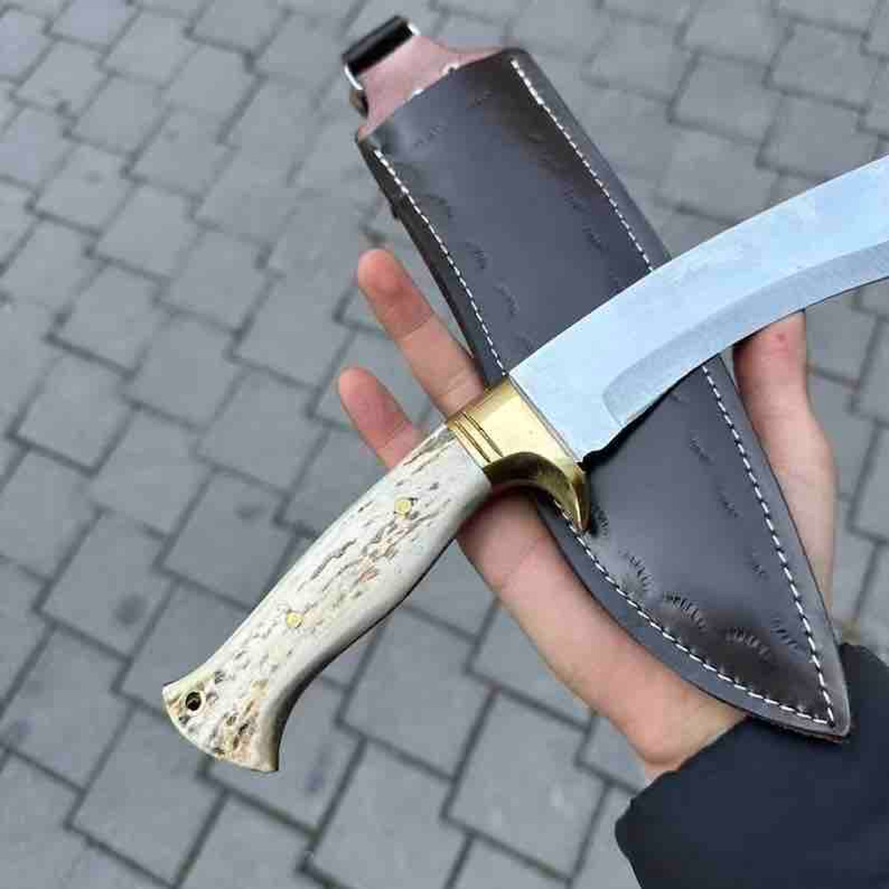 Custom Knives Hunting Machete Handmade Machete Stainless Steel Deer Antler Handle Fixed Blade Leather Knife Sheath 1