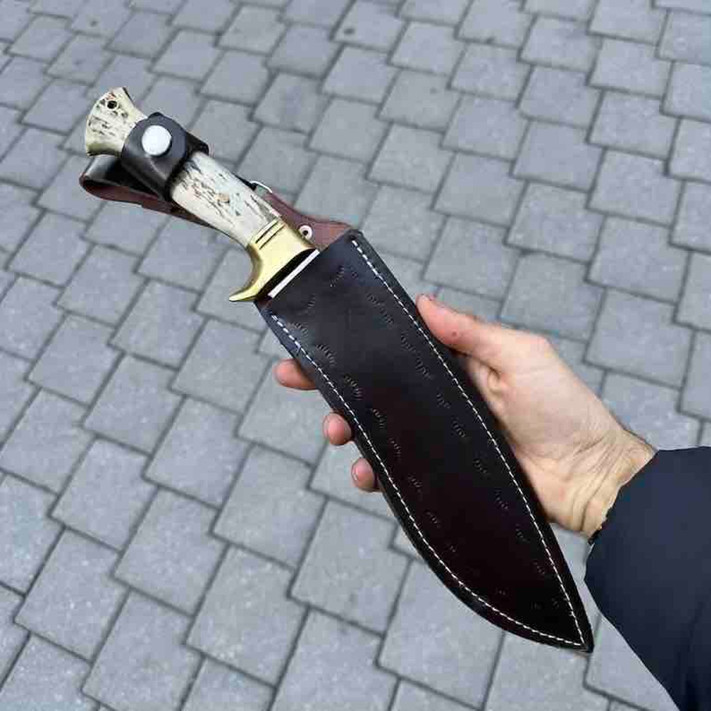 Custom Knives Hunting Machete Handmade Machete Stainless Steel Deer Antler Handle Fixed Blade Leather Knife Sheath 4